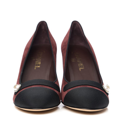 Chanel Glitter Calfskin Grosgrain Cap Toe Pearl Pumps 38.5 Burgundy Black 2 of 10