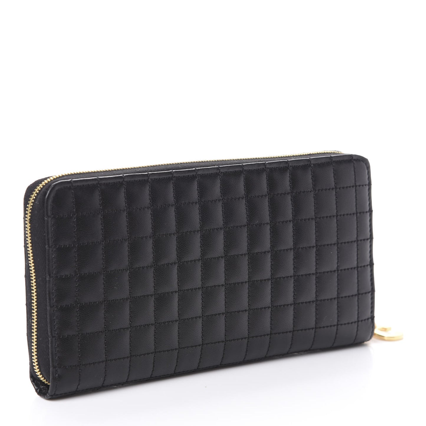 Lambskin Quilted Large C Charm Zip Around Wallet Black