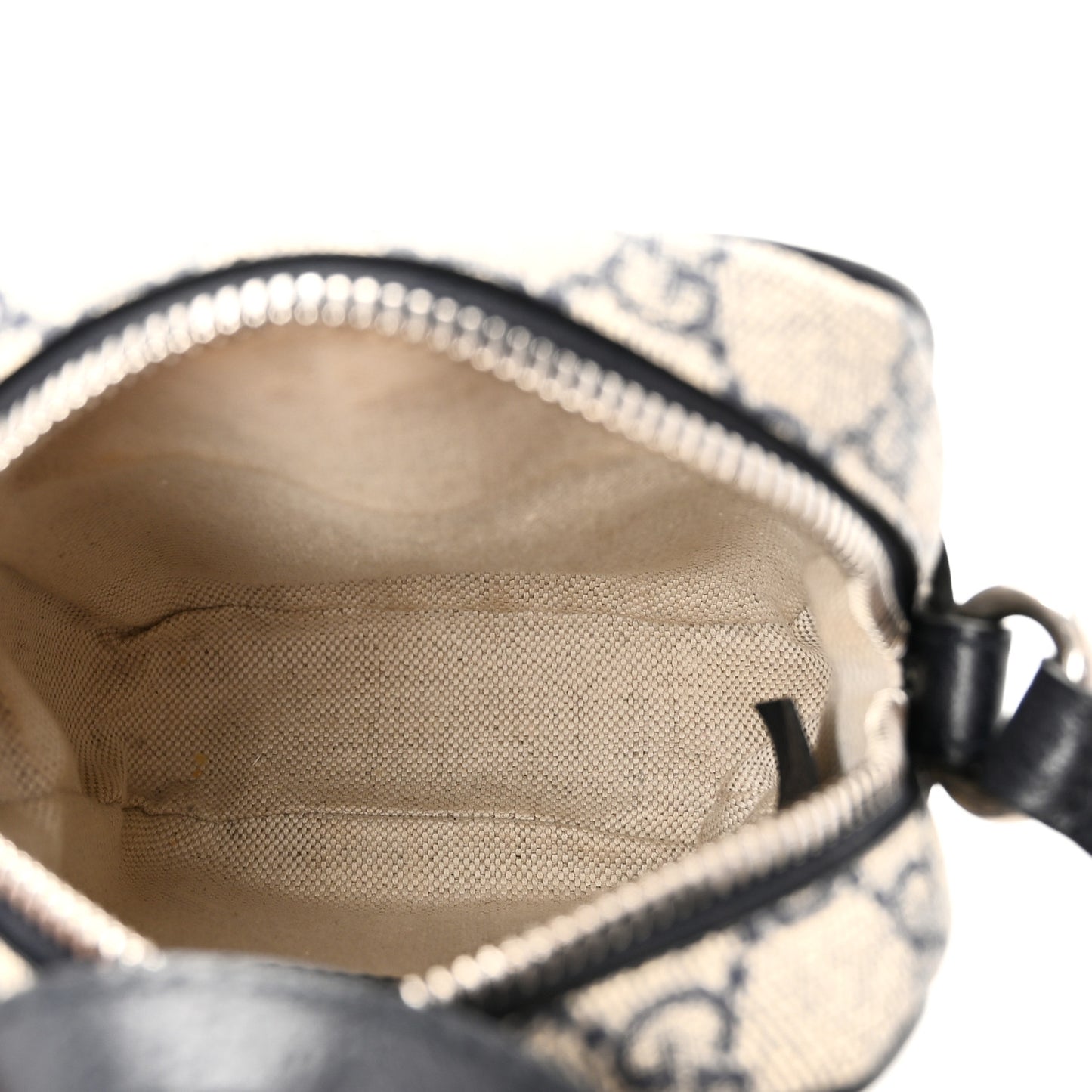 GG Supreme Monogram Textured Dollar Calfskin Web Mini Ophidia Double Zip Messenger Bag Beige Blue