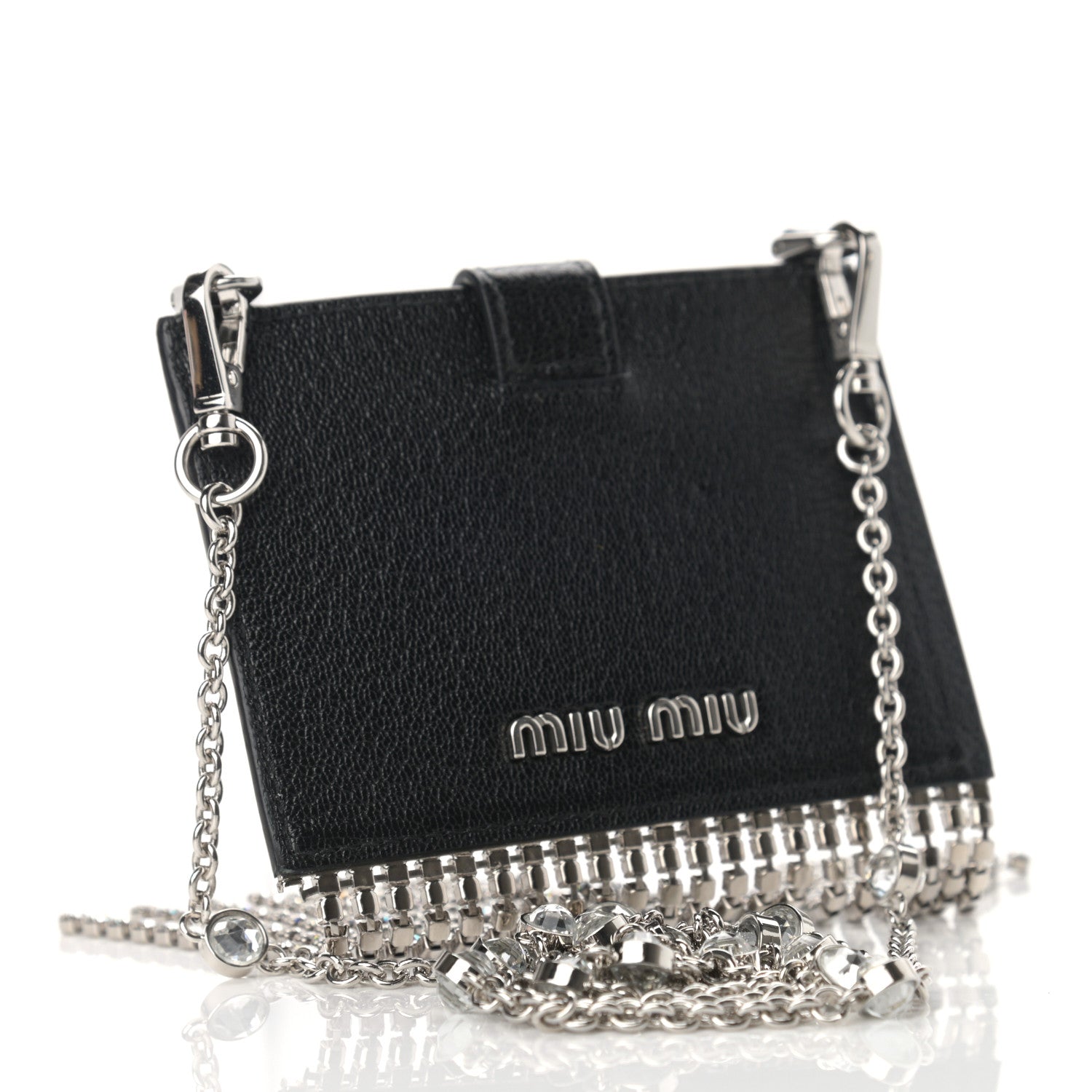 Miu Miu Goatskin Madras Crystal Card Holder Fringe Crossbody Black 3 of 10