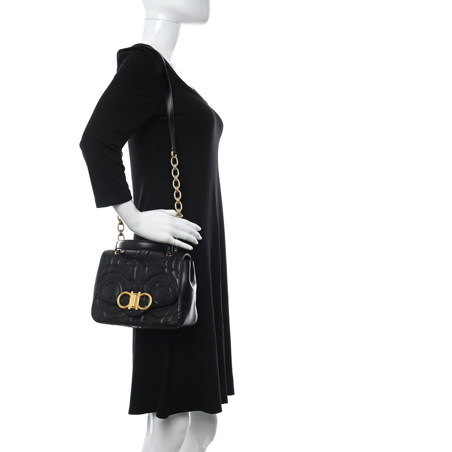 Calfskin Quilted Gancini Small Top Handle Flap Bag Black