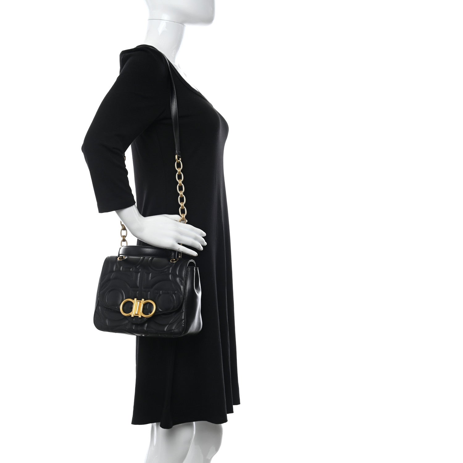 Salvatore Ferragamo Calfskin Quilted Gancini Small Top Handle Flap Bag Black 2 of 9