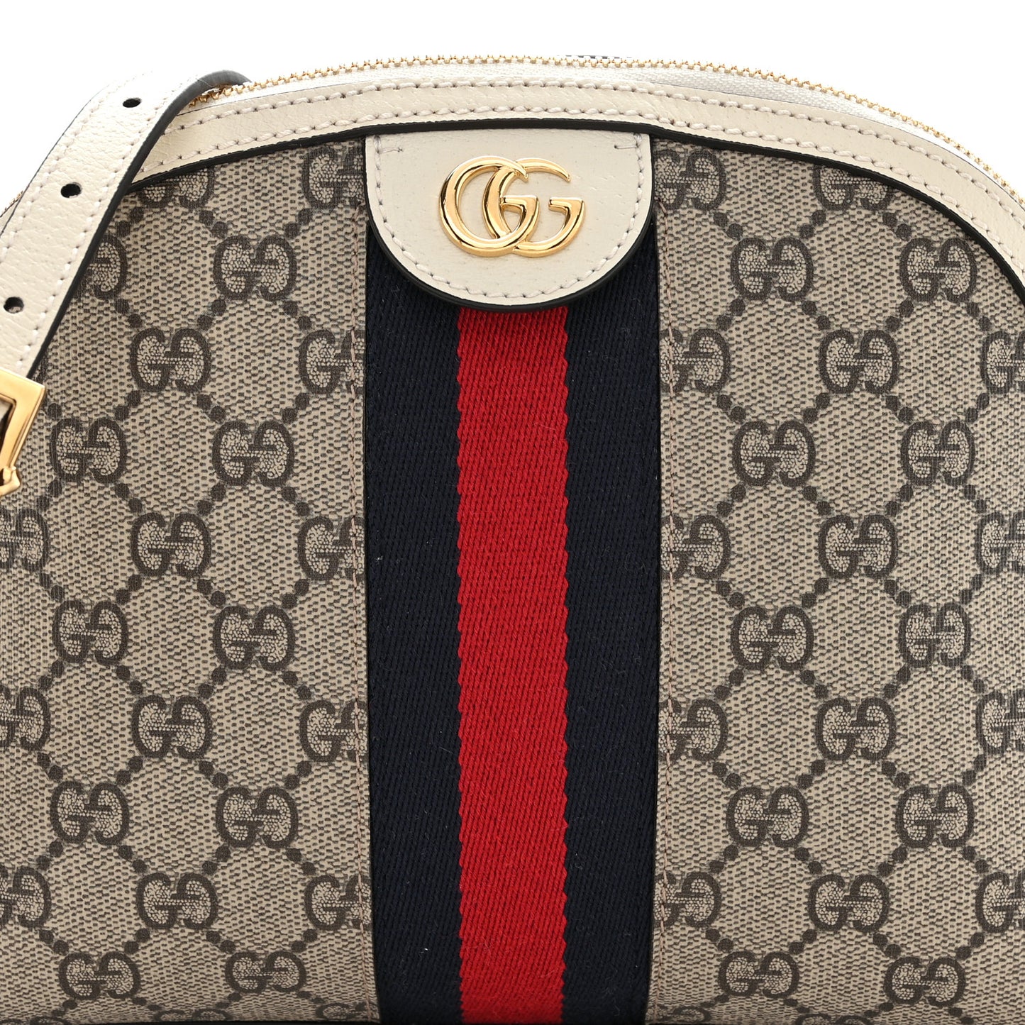 GG Supreme Monogram Textured Dollar Calfskin Web Small Ophidia Dome Shoulder Bag Beige Ebony Mystic White