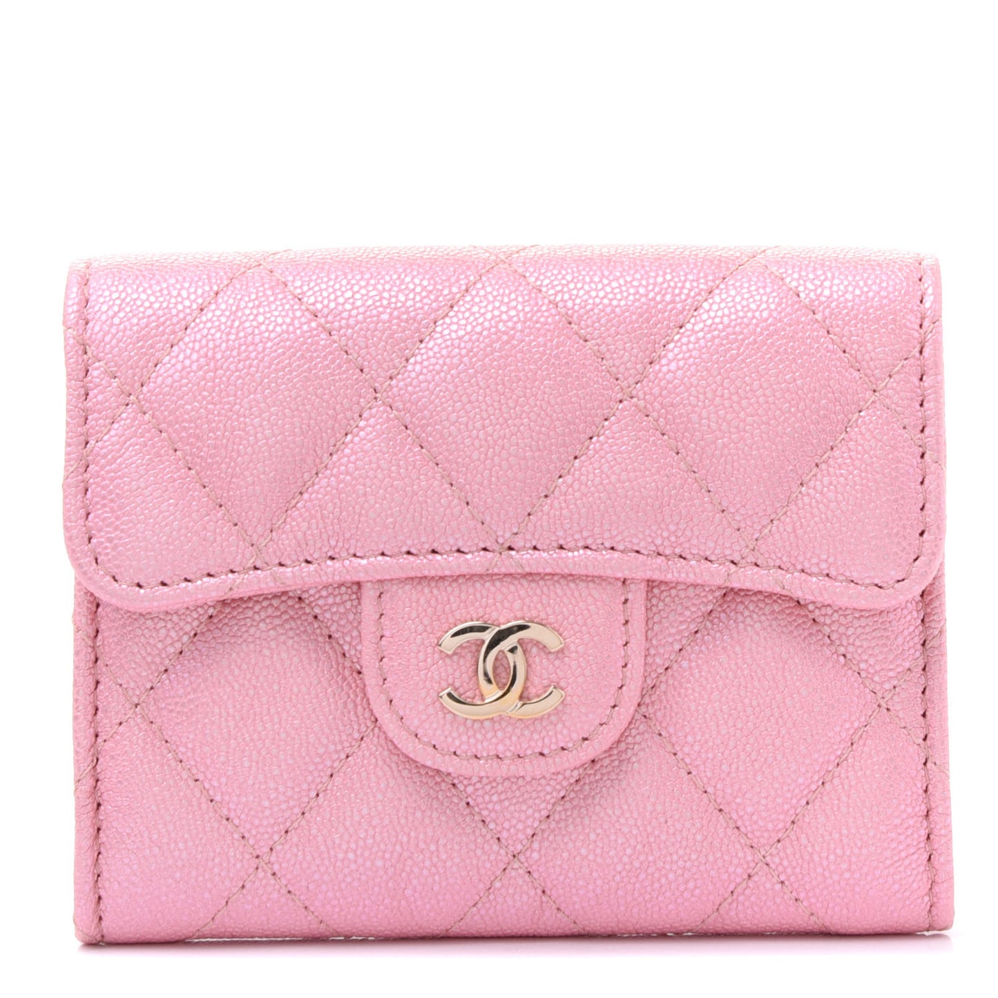 Iridescent Caviar Flap Quilted Card Holder Wallet Pink