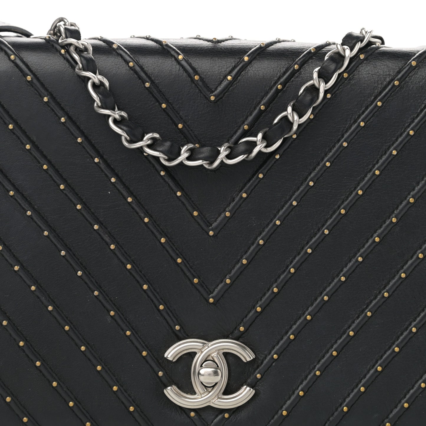 Calfskin Studded Chevron Quilted Flap Black