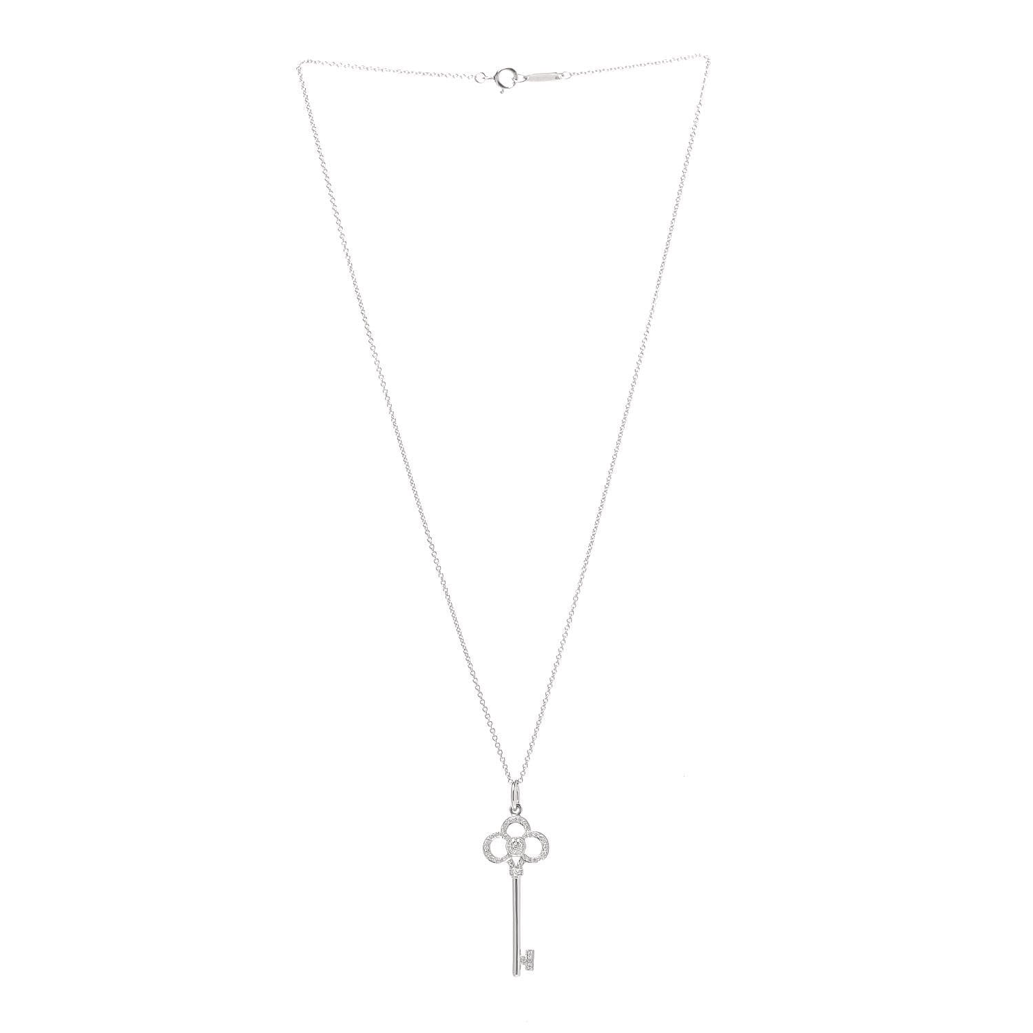Tiffany Platinum 18K White Gold Diamond Crown Key Pendant Necklace 3 of 7