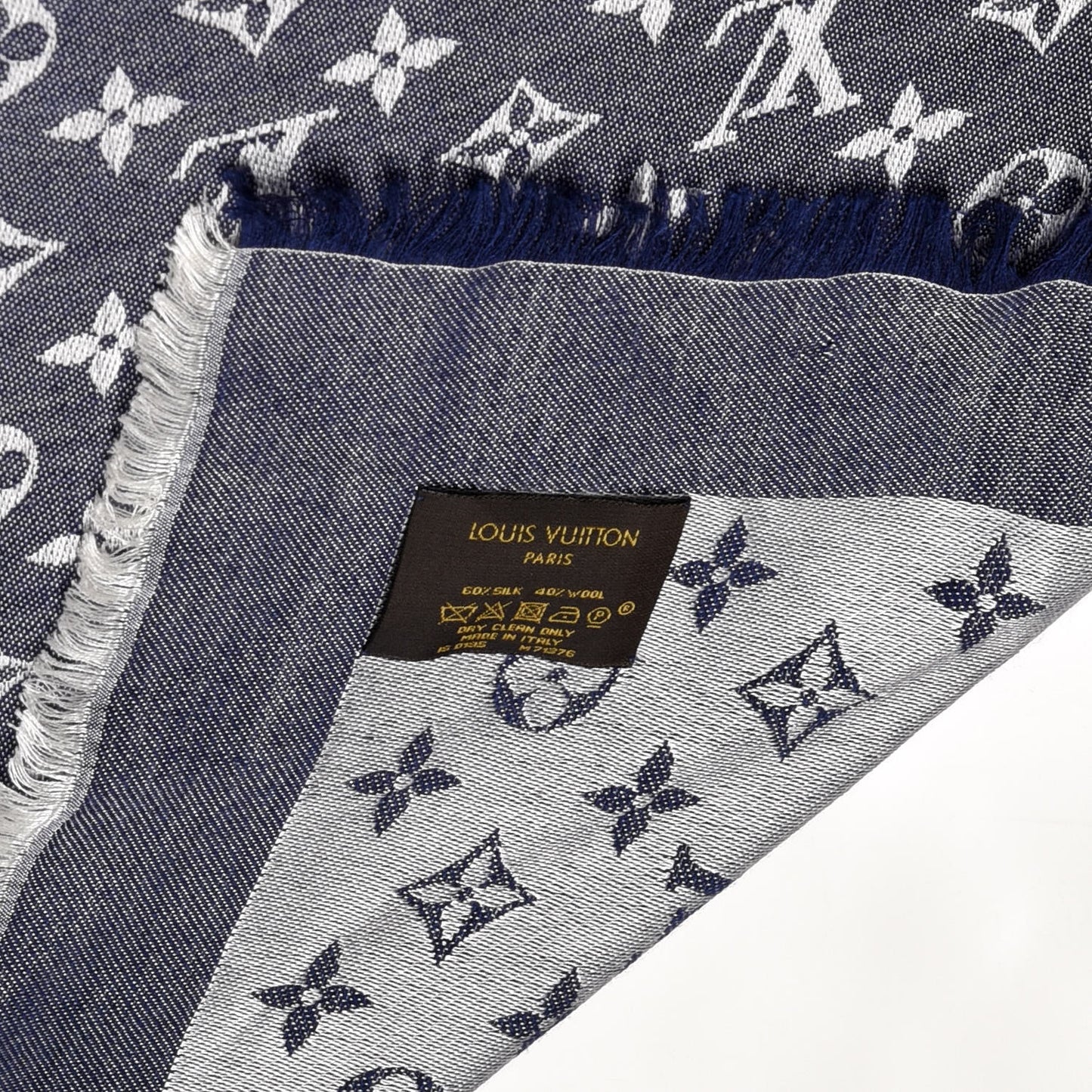 Wool Silk Monogram Denim Shawl Blue