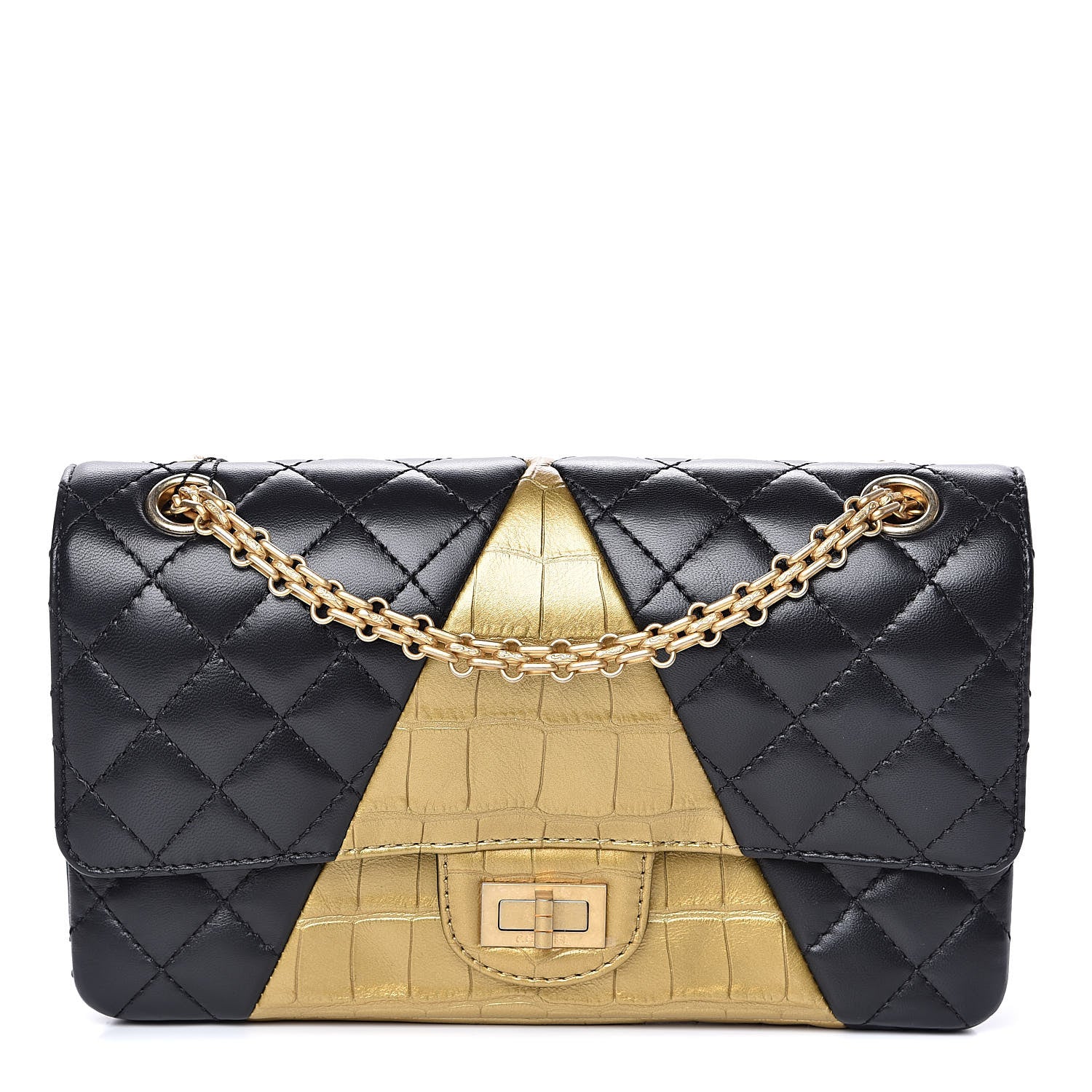 Chanel Lambskin Metallic Calfskin Crocodile Embossed 2.55 Cocodile Reissue 225 Flap Black Gold 1 of 11
