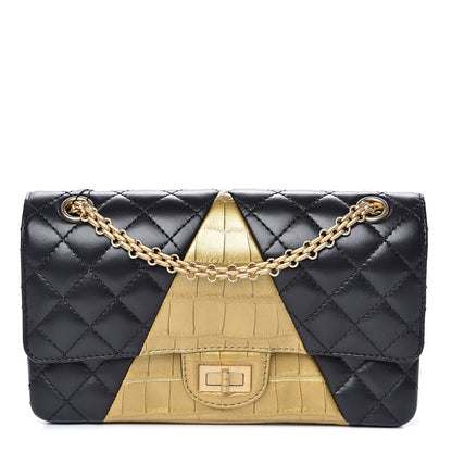Chanel Lambskin Metallic Calfskin Crocodile Embossed 2.55 Cocodile Reissue 225 Flap Black Gold 1 of 11
