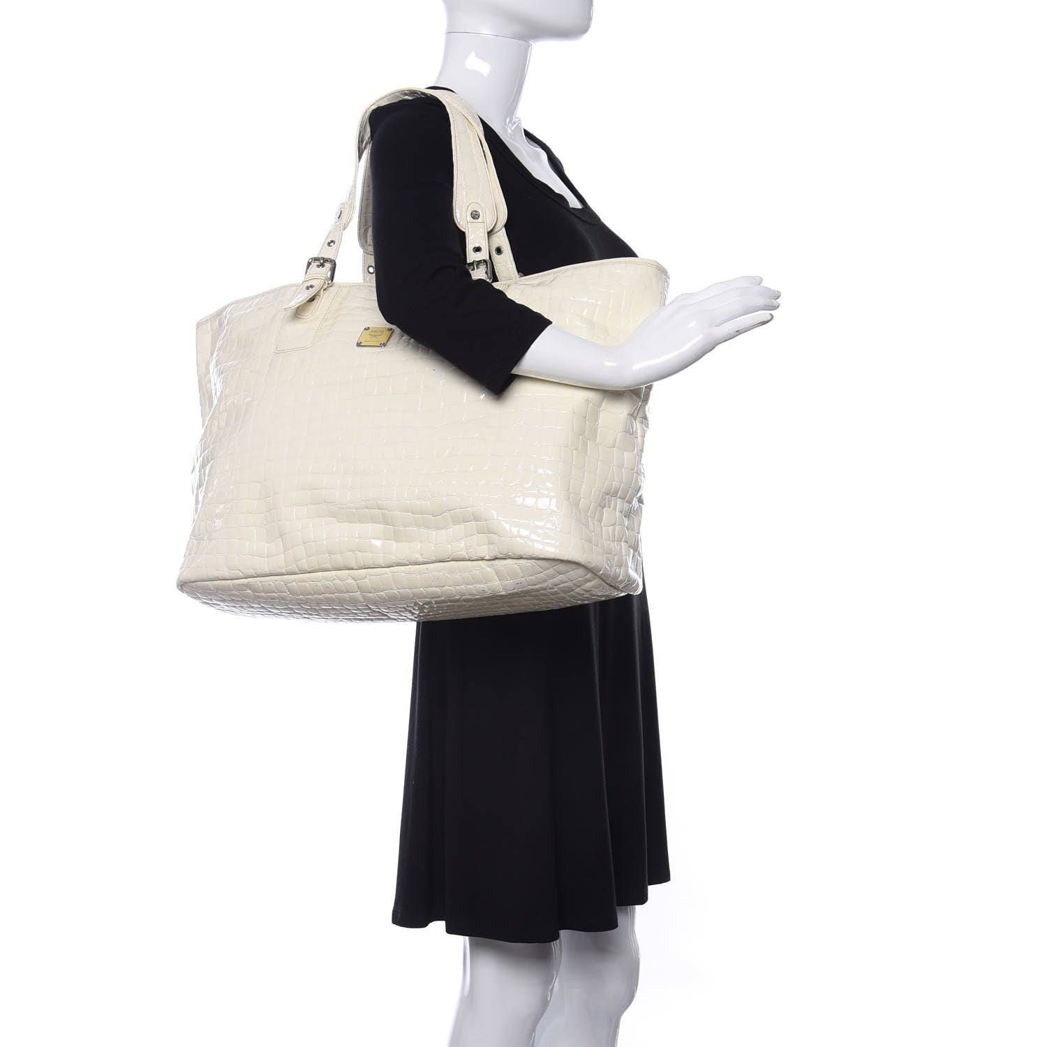 MCM Crocodile Embossed Patent Calfskin Tote Ivory 2 of 9