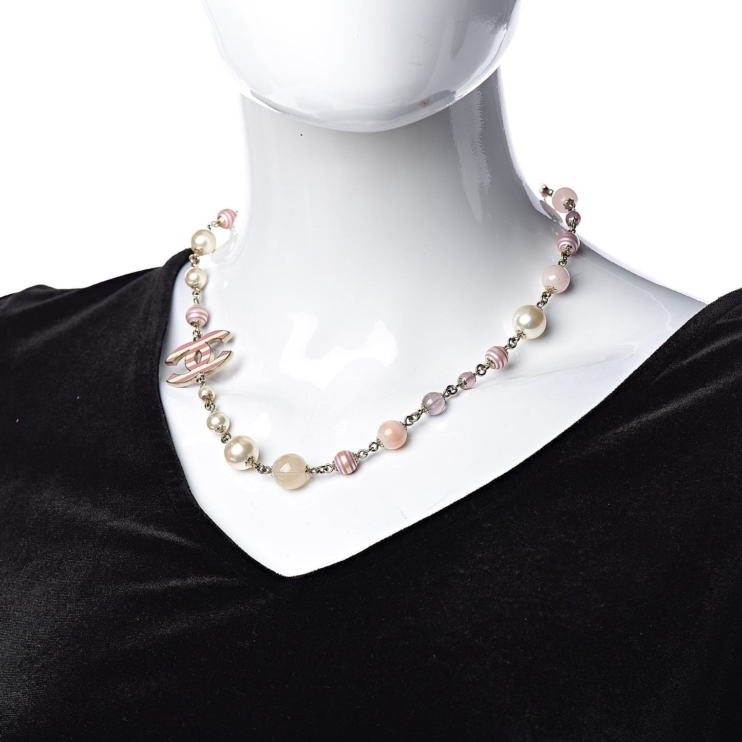 Enamel Striped Pearl CC Necklace Pink Gold