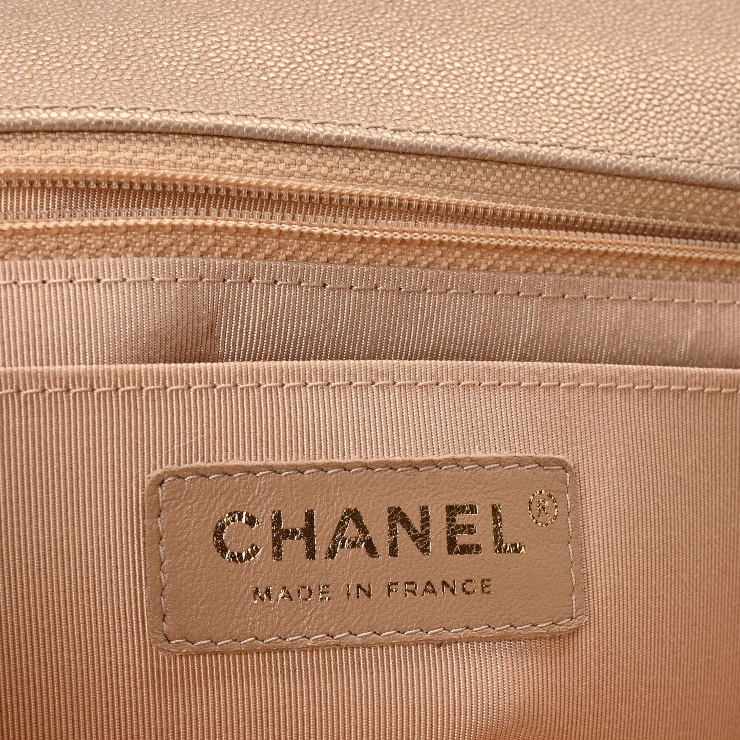 Metallic Caviar Chevron Quilted Medium Statement Flap Beige