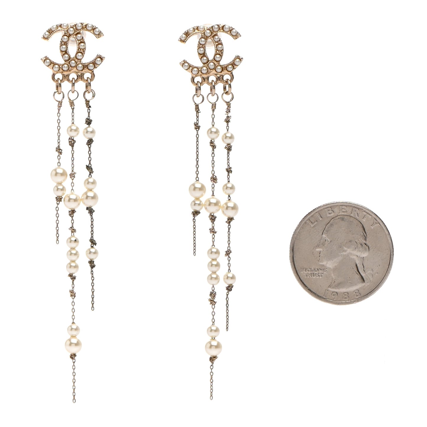 Pearl CC Long Chain Drop Earrings Gold