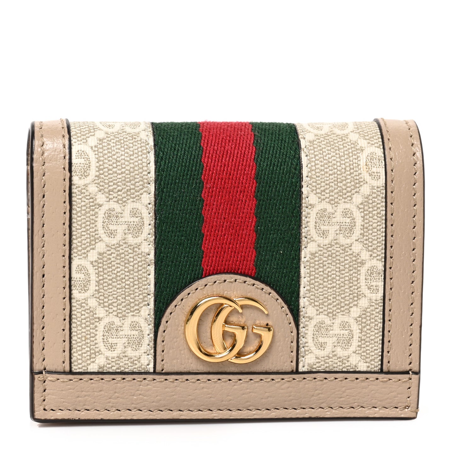 GG Supreme Monogram Textured Dollar Calfskin Web Ophidia Card Case Beige Mystic White Oatmeal