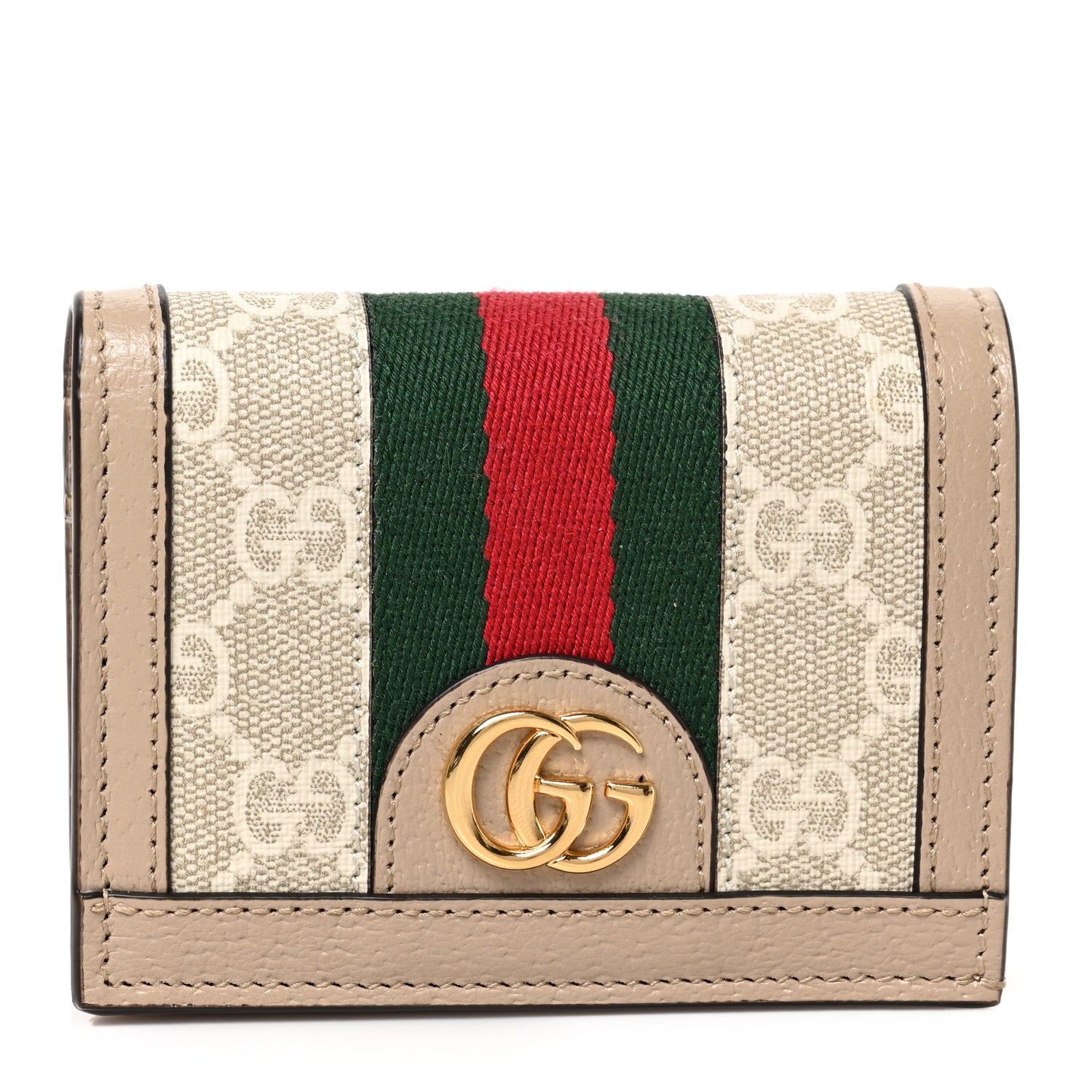 Gucci GG Supreme Monogram Textured Dollar Calfskin Web Ophidia Card Case Beige Mystic White Oatmeal 1 of 6