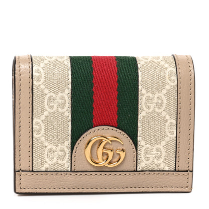 Gucci GG Supreme Monogram Textured Dollar Calfskin Web Ophidia Card Case Beige Mystic White Oatmeal 1 of 6