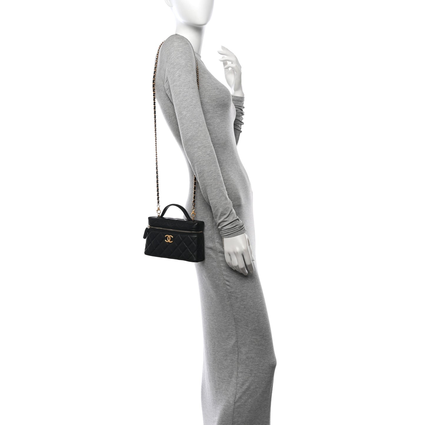 Caviar Quilted Top Handle Clutch With Chain Black