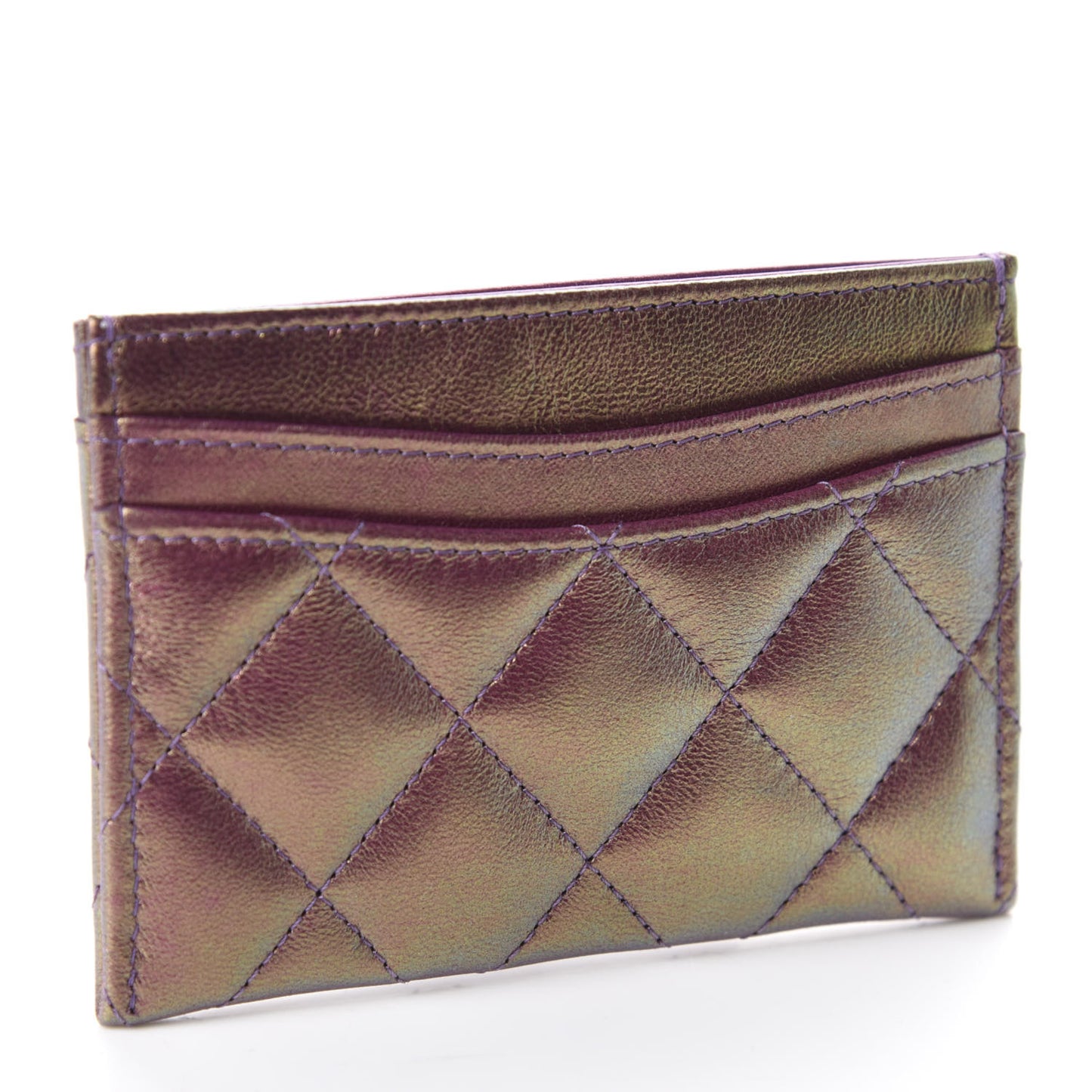 Metallic Lambskin Quilted Card Holder Purple