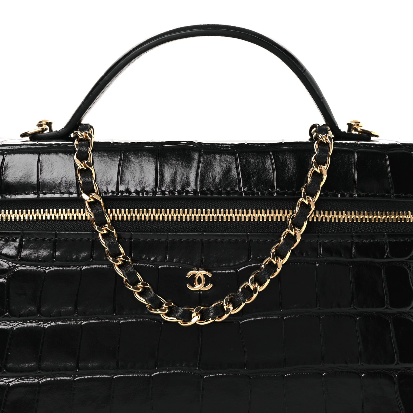 Calfskin Crocodile Embossed Crococo Top Handle Slim Vanity Case With Chain Black