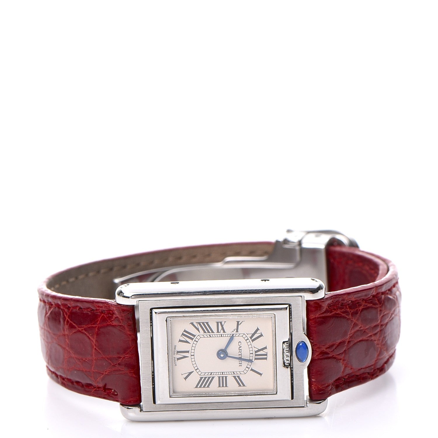 Cartier Stainless Steel Alligator 22mm Tank Basculante Quartz Watch Red 3 of 14