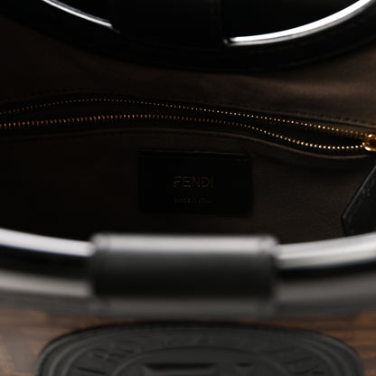Fendi Glazed Fabric Vitello Century Plexiglass FF 1974 Stamp Patch Small Runaway Shopper Tote Mogano Panna Black 6 of 10