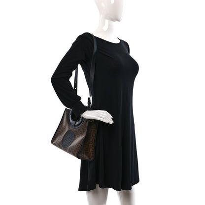 Fendi Glazed Fabric Vitello Century Plexiglass FF 1974 Stamp Patch Small Runaway Shopper Tote Mogano Panna Black 2 of 9