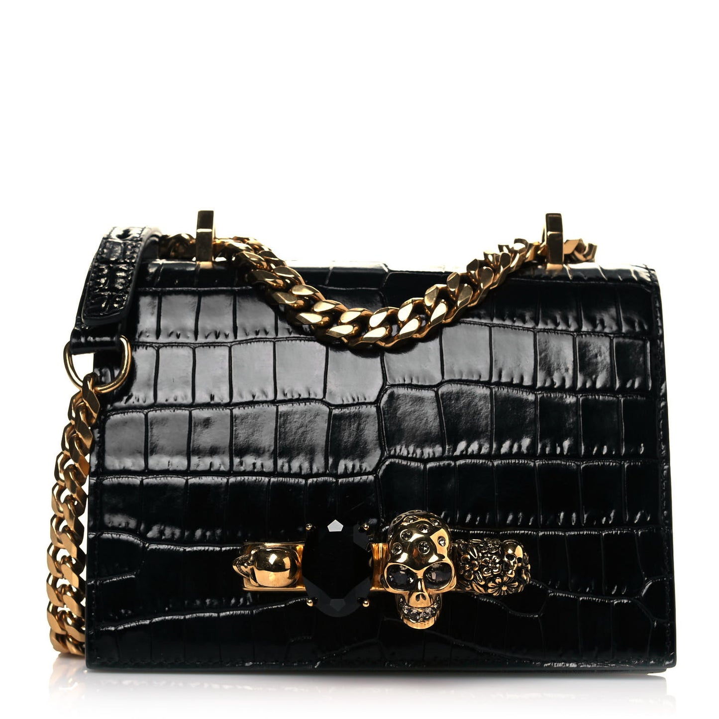 Crocodile Embossed Calfskin Knuckle Crossbody Black
