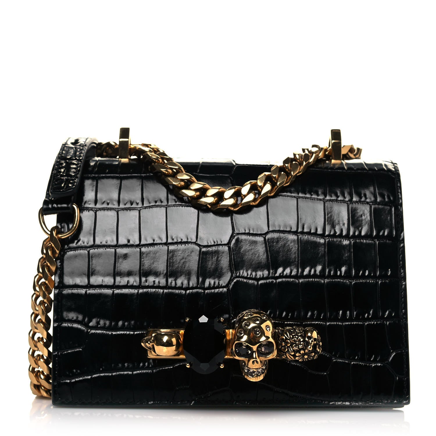 Alexander McQueen Crocodile Embossed Calfskin Knuckle Crossbody Black 1 of 8