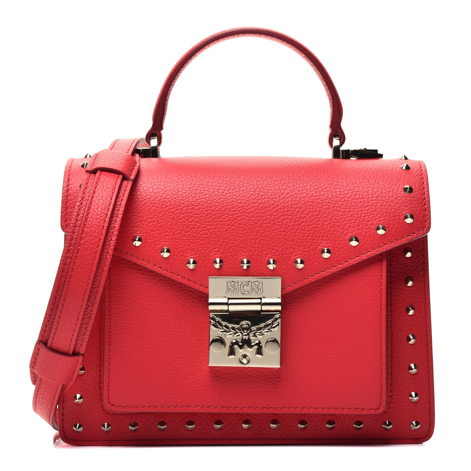 MCM Calfskin Studded Small Patricia Satchel Chinese Red 1 of 11