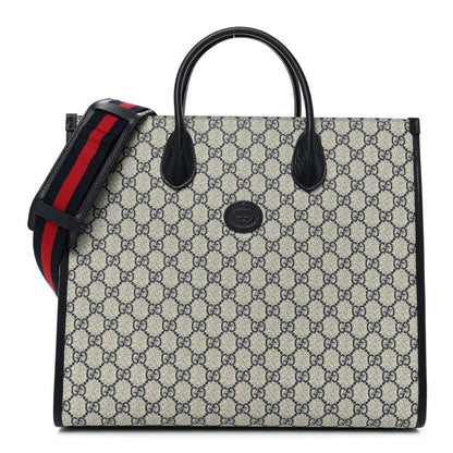Gucci GG Supreme Monogram Textured Dollar Calfskin Web Medium Retro Interlocking G Tote Bag Beige Blue 1 of 14