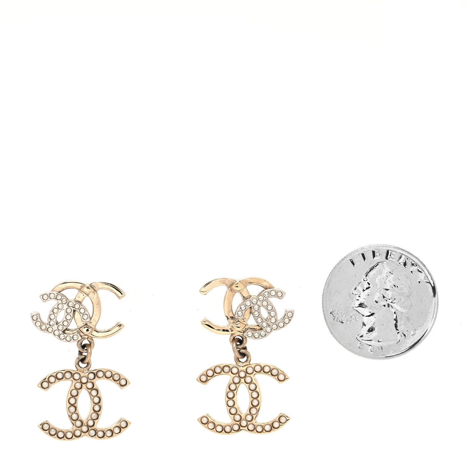 Chanel Crystal Pearl Double CC Drop Earrings Gold Silver 2 of 4