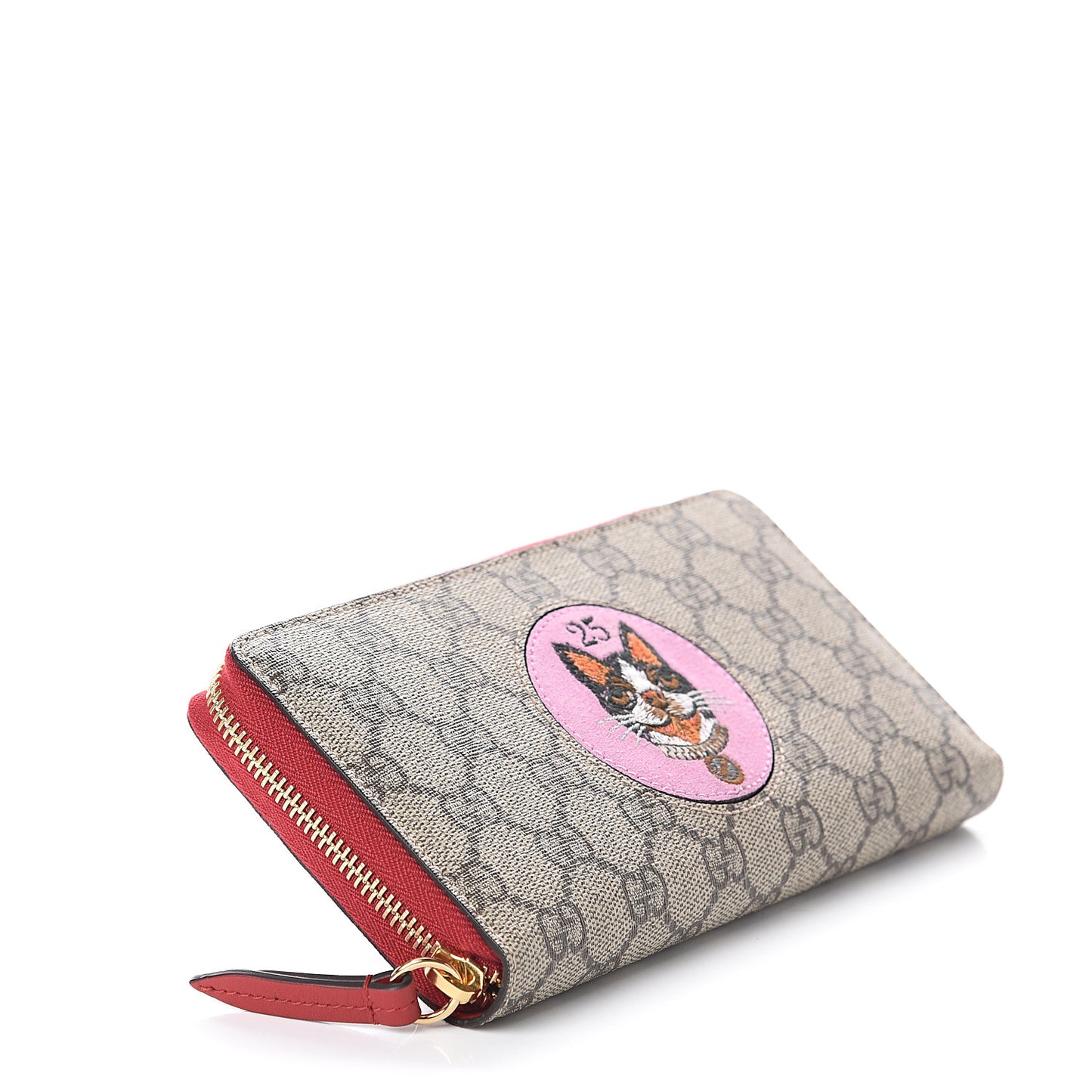 GG Supreme Monogram Bosco Patch Zip Around Wallet Beige Malva Hibiscus Red