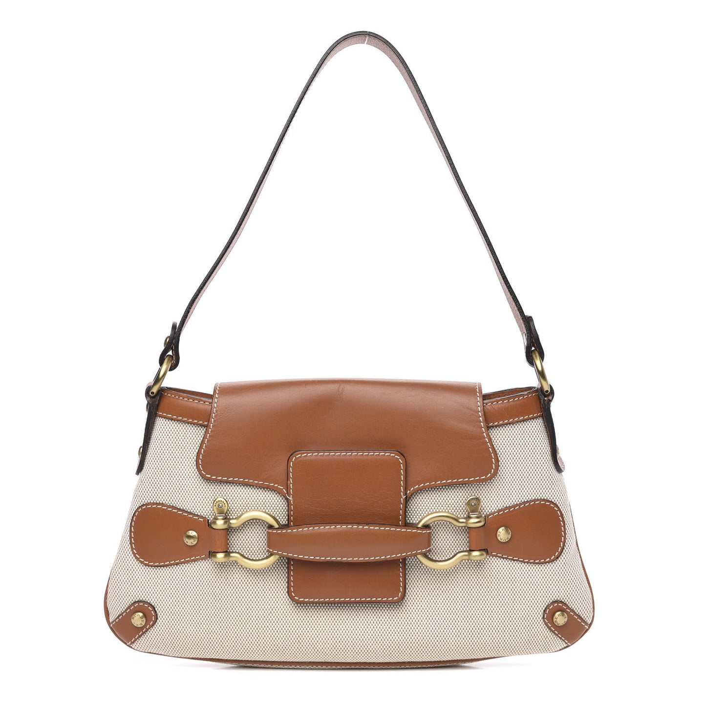 Canvas Smooth Calfskin Shoulder Bag Natural Brown