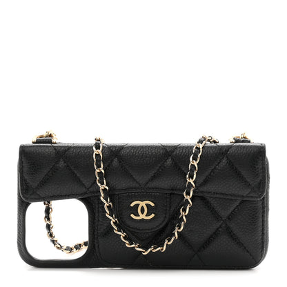 Chanel Caviar Quilted Pearl Crush iPhone 15 Pro Max Holder With Chain Black 1 of 10