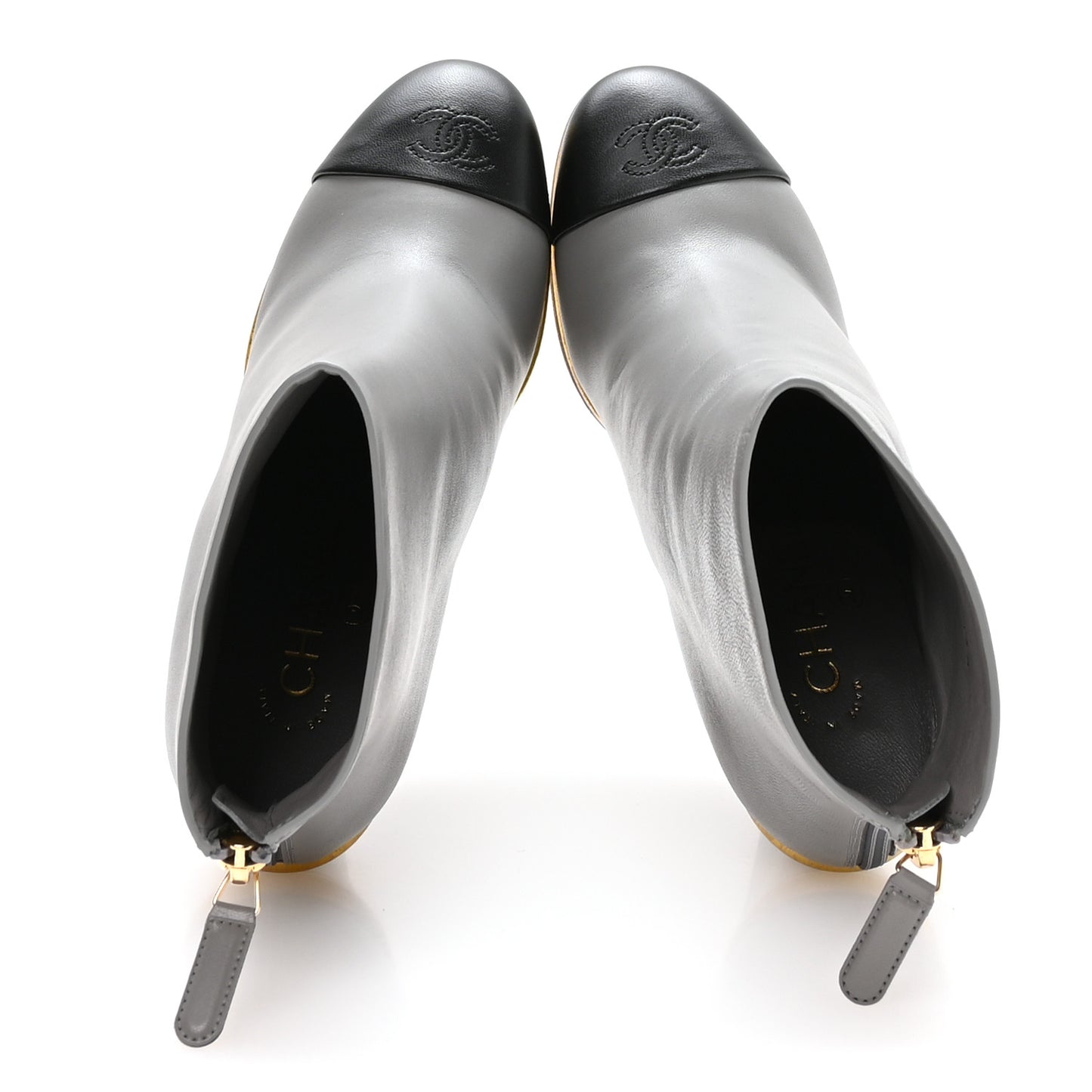 Lambskin Cap Toe Open Wedge Ankle Boots 37.5 Grey Black