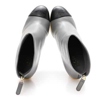 Chanel Lambskin Cap Toe Open Wedge Ankle Boots 37.5 Grey Black 2 of 9