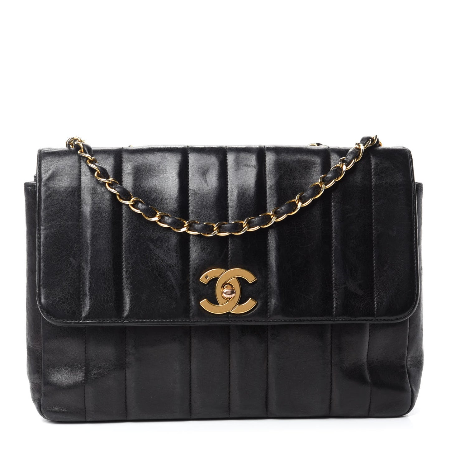 Lambskin Vertical Quilted Medium Single Flap Black