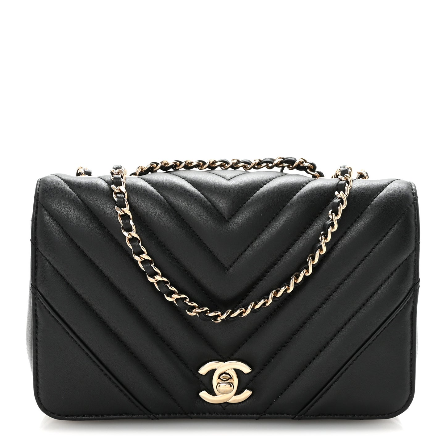 Calfskin Chevron Quilted Mini Statement Flap Black