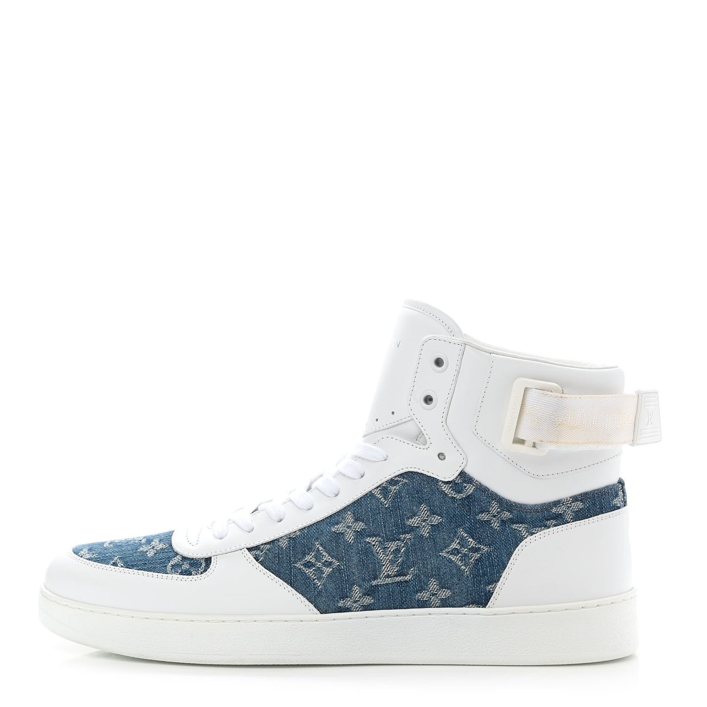 Calfskin Monogram Denim Rivoli High Top Sneakers 10 White