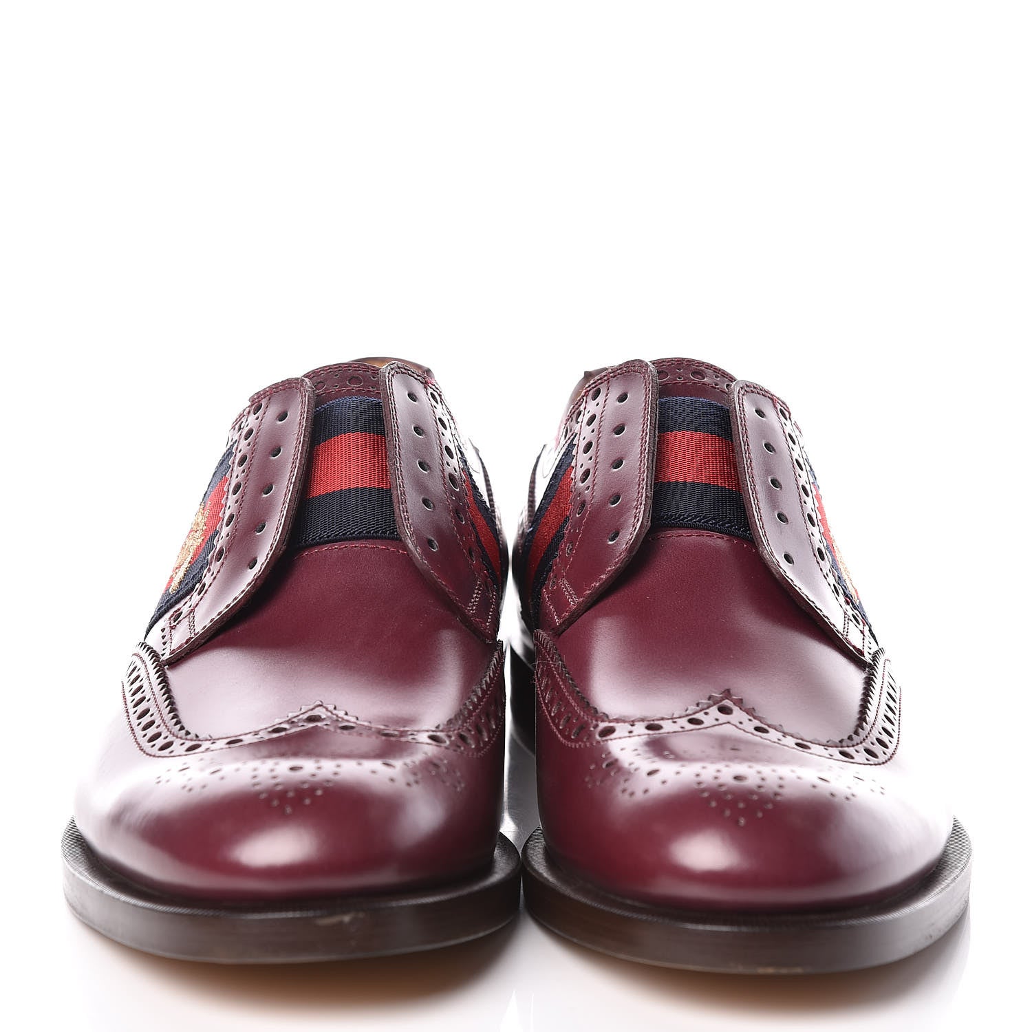 Gucci Calfskin Web Bee Embroidered Mens Slip-On Brogue Wingtip Derby Shoes 7.5 Bordeaux 2 of 9