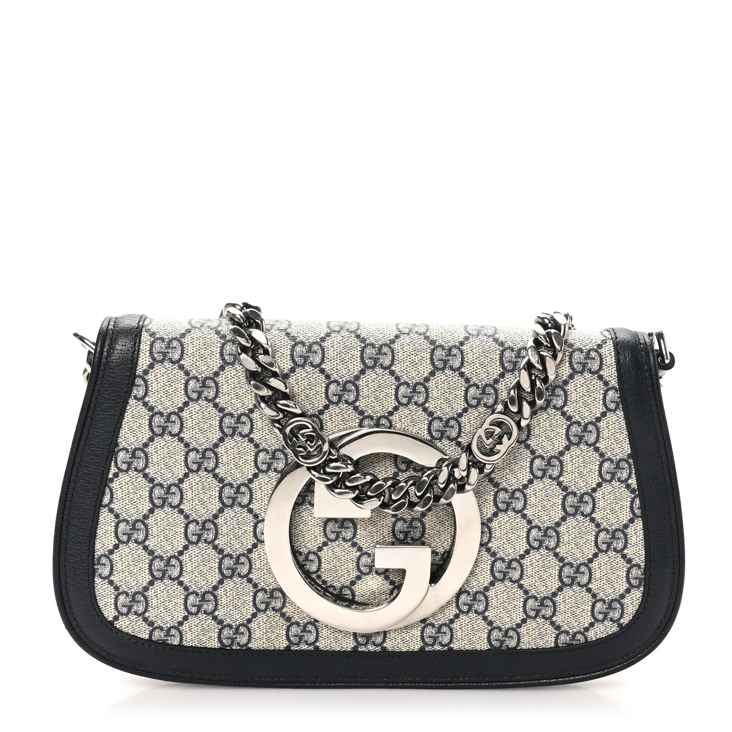 Gucci GG Supreme Monogram Textured Dollar Calfskin Blondie Chain Shoulder Flap Bag Beige Blue 1 of 10
