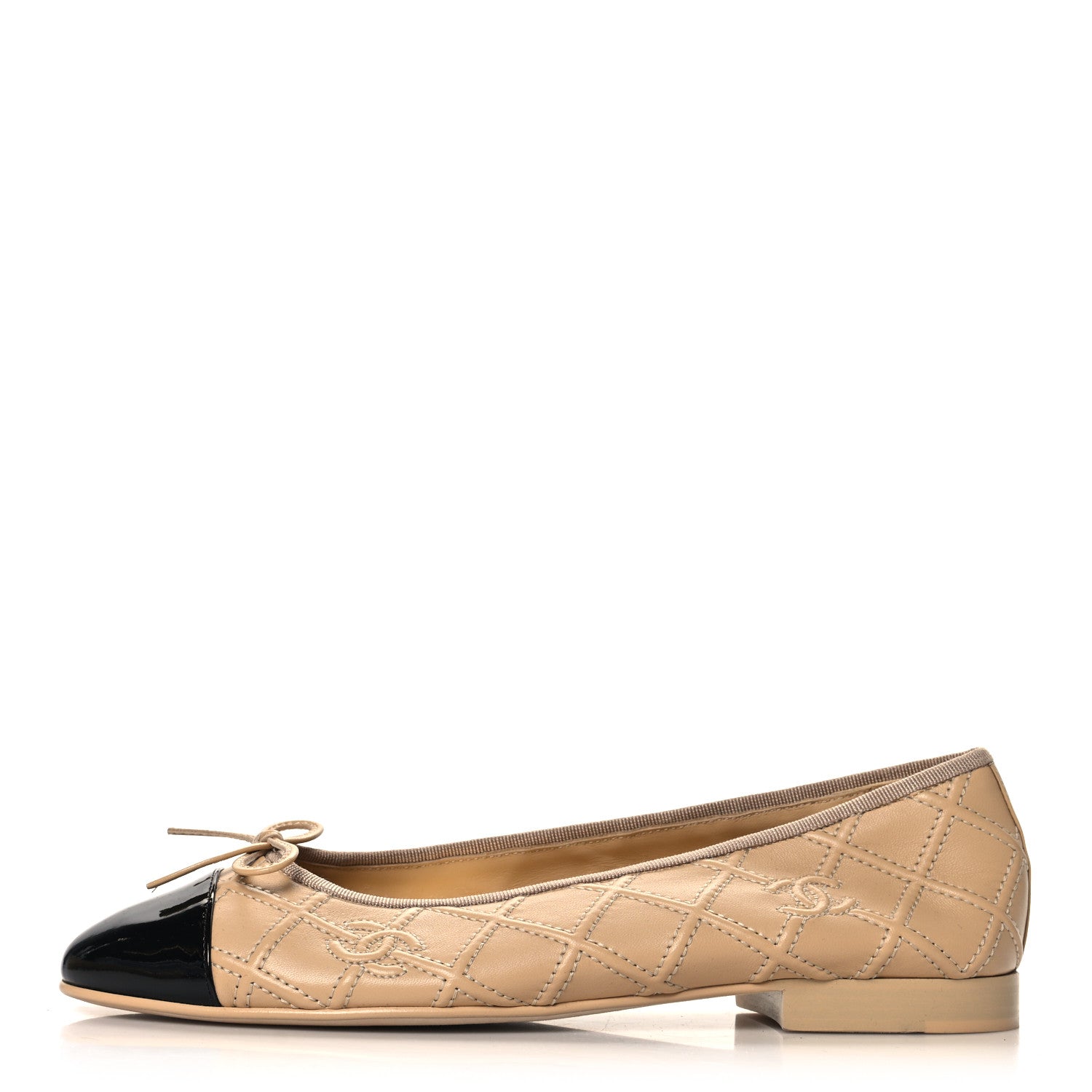 Chanel Lambskin Patent Double Stitched CC Cap Toe Ballerina Flats 40 Beige Black 1 of 9