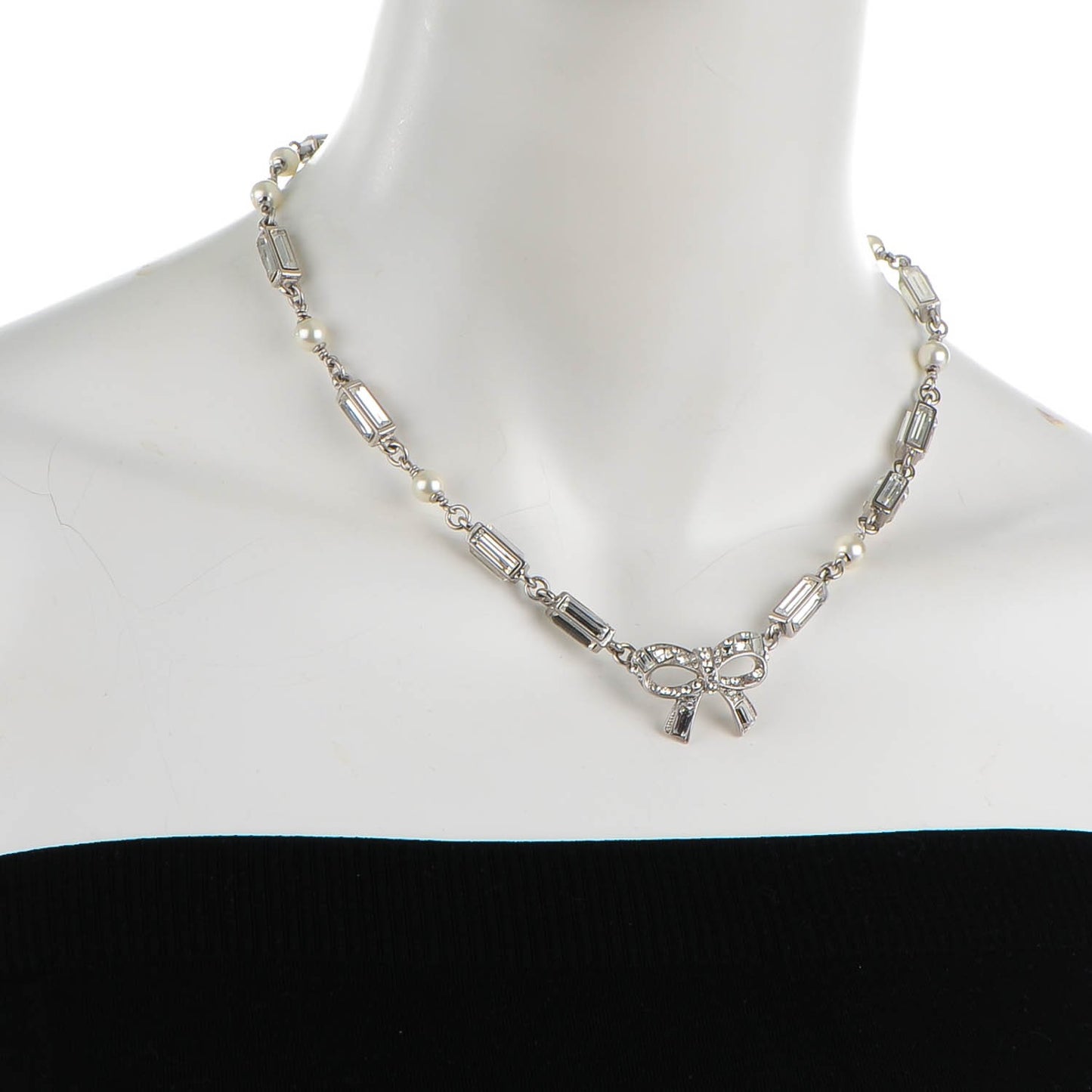 Crystal Baguette Pearl Bow Necklace Silver