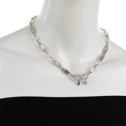 Chanel Crystal Baguette Pearl Bow Necklace Silver 2 of 6