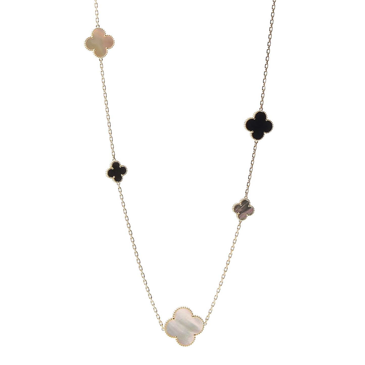 18K Yellow Gold Onyx Mother of Pearl 16 Motifs Magic Alhambra Necklace