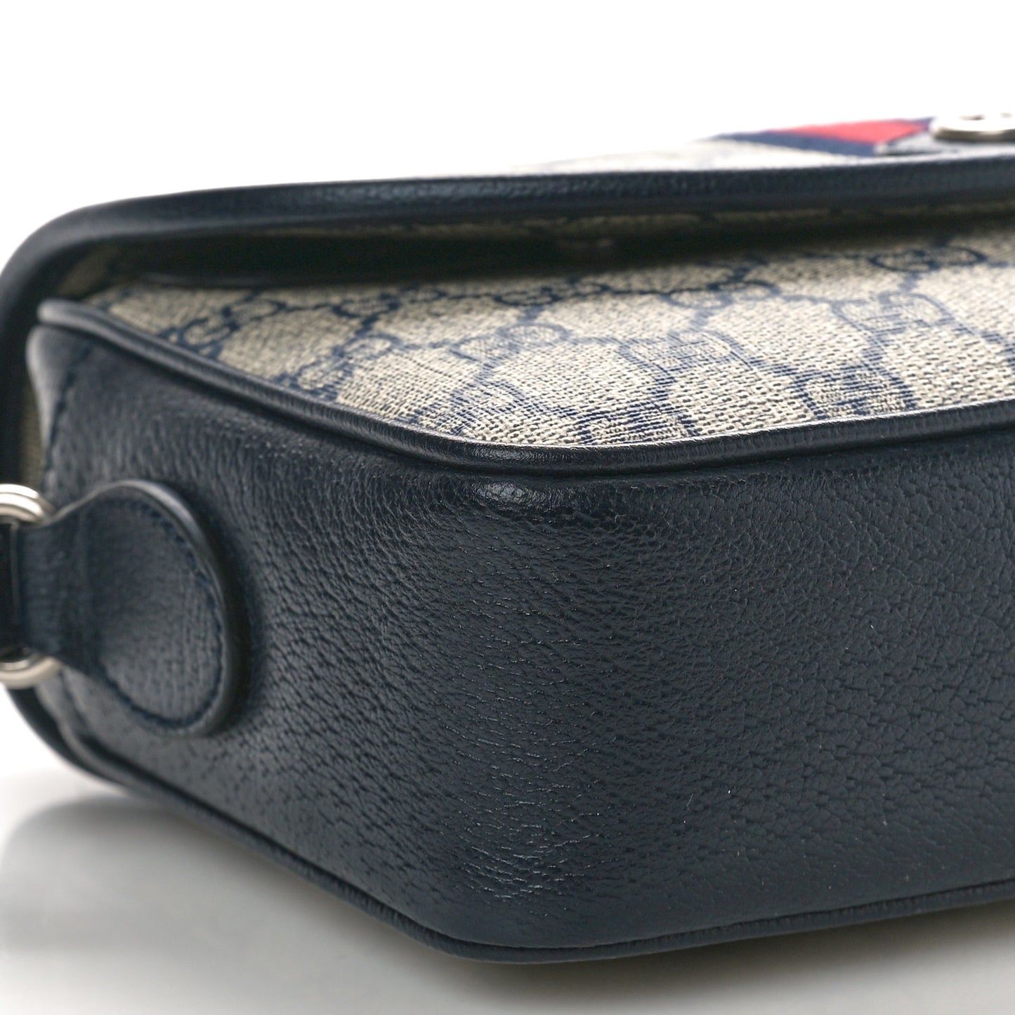 GG Supreme Monogram Textured Dollar Calfskin Web Studded Mini Ophidia Flap Shoulder Bag Beige Blue