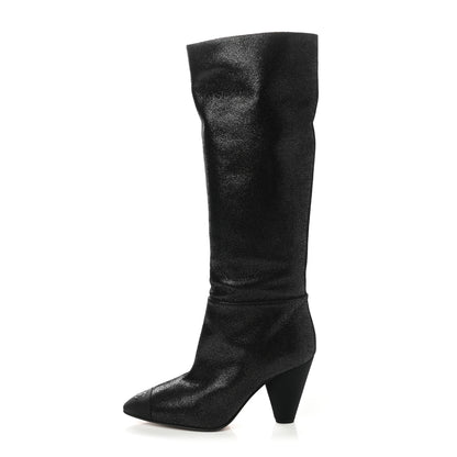 Chanel Glitter Suede Grosgrain Cap Toe Knee High Boots 38.5 Black 1 of 7