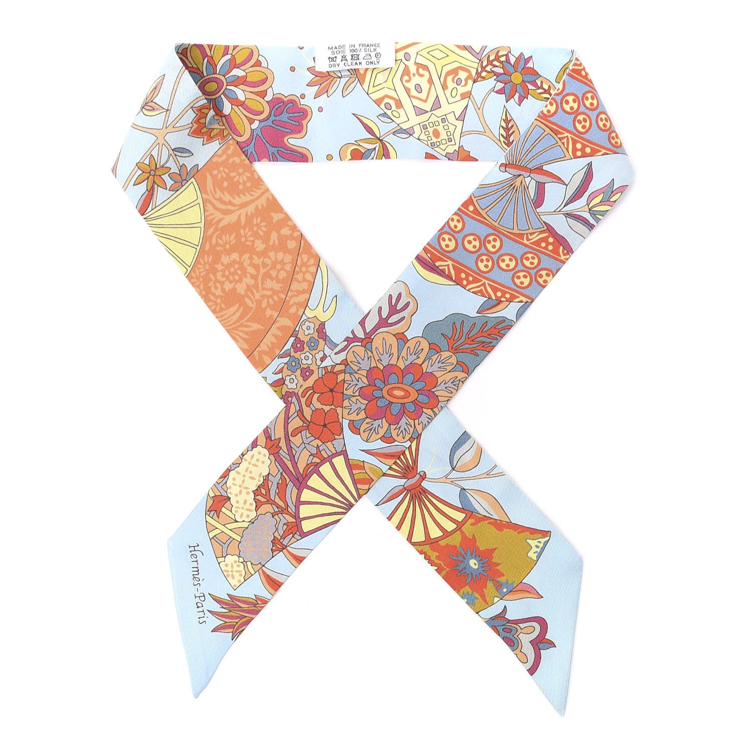 Hermes Silk Fleurs et Papillons de Tissus Twilly Bleu Ciel Corail Jaune 1 of 4