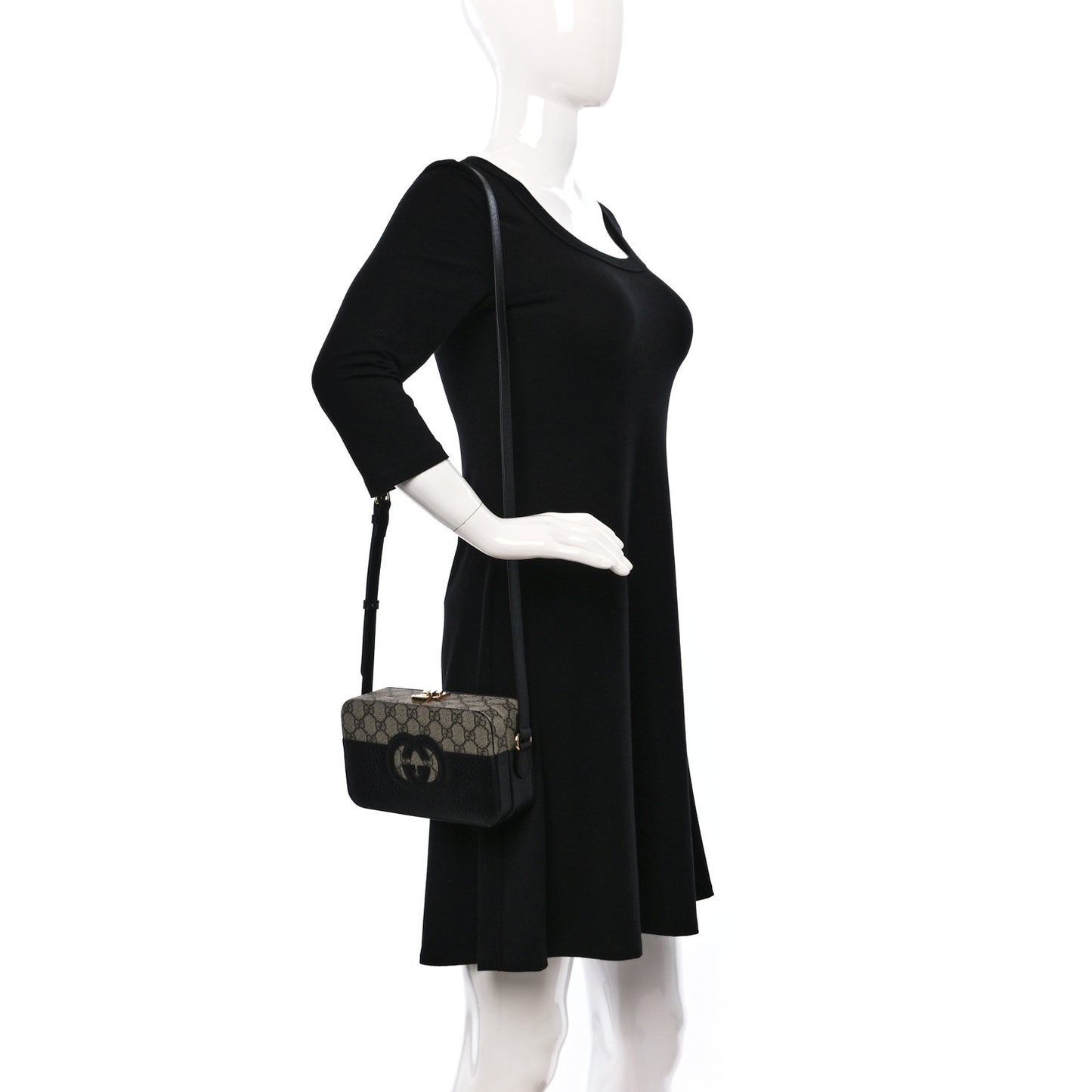 GG Supreme Monogram Textured Dollar Calfskin Mini New Basket Shoulder Bag Beige Ebony Black