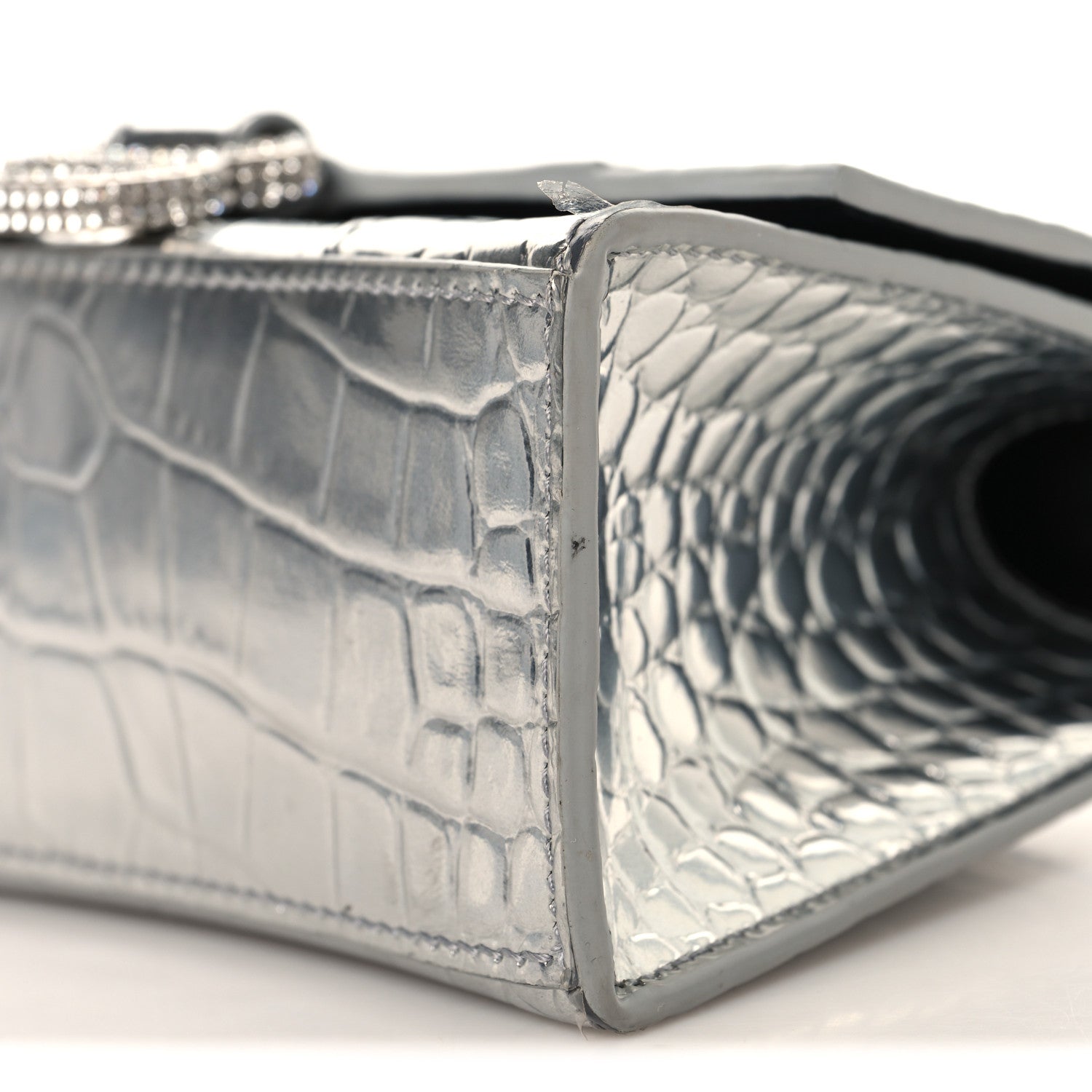 Balenciaga Metallic Calfskin Crocodile Embossed Crystal Hourglass Top Handle Bag XS Silver 11 of 12